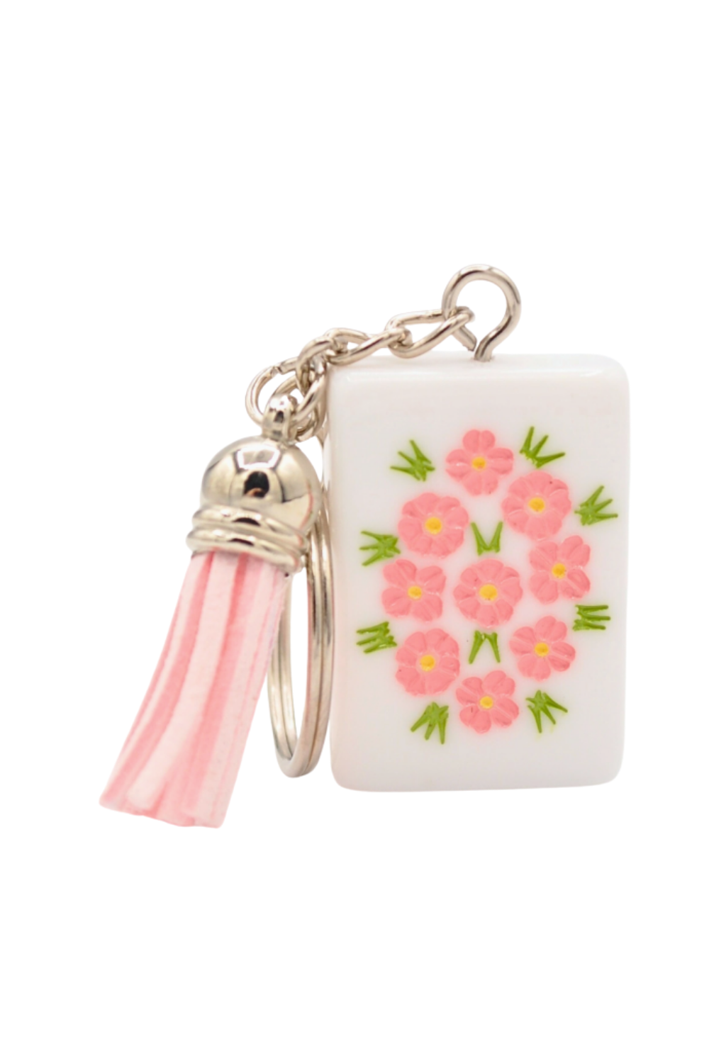 Mahjong Tile Keychain Pink Flowers