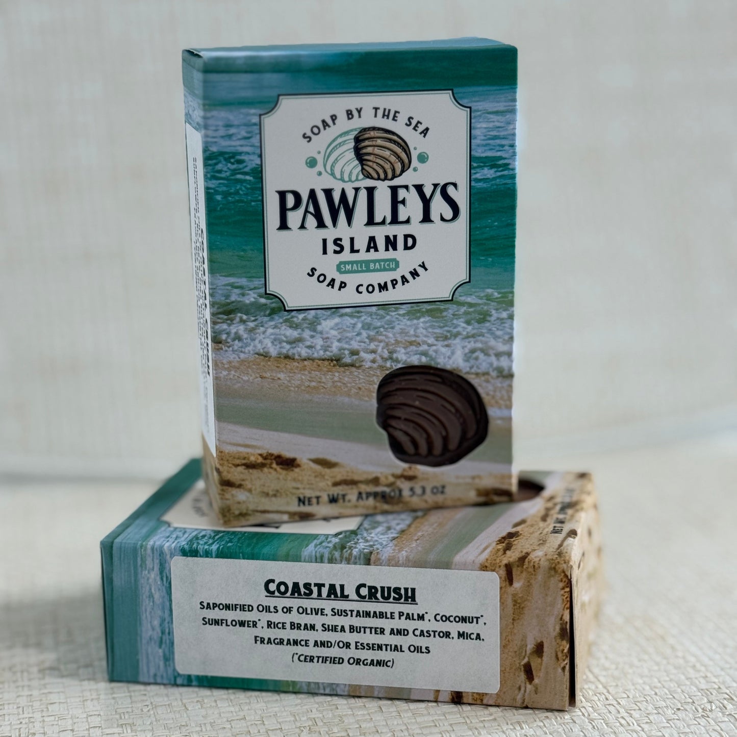 Pawleys Island Soap Company soap bar with packaging on a textured surface